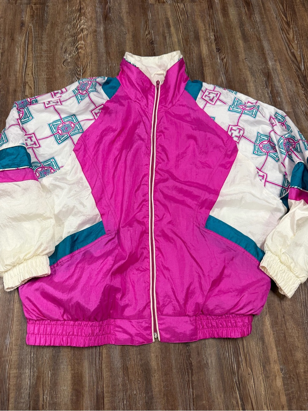 80s Misty Valley Sport Nylon & Cotton Windbreaker Jacket with pink, white, and t